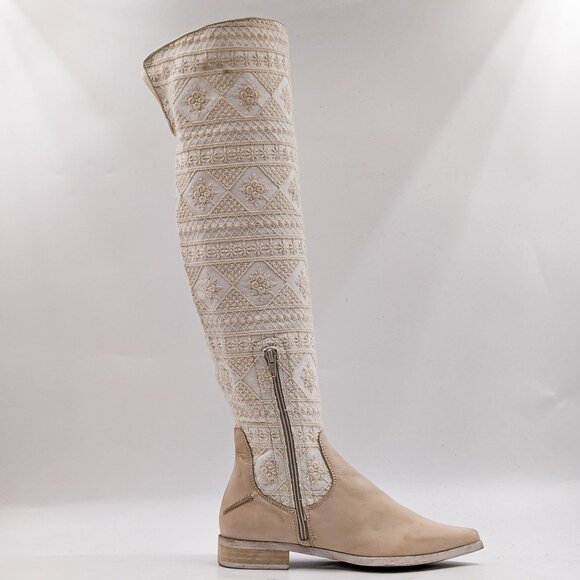Free People Women Bren Textile Ivory Leather Western Slouch Boots sz 7US EUR 37 - Picture 7 of 10